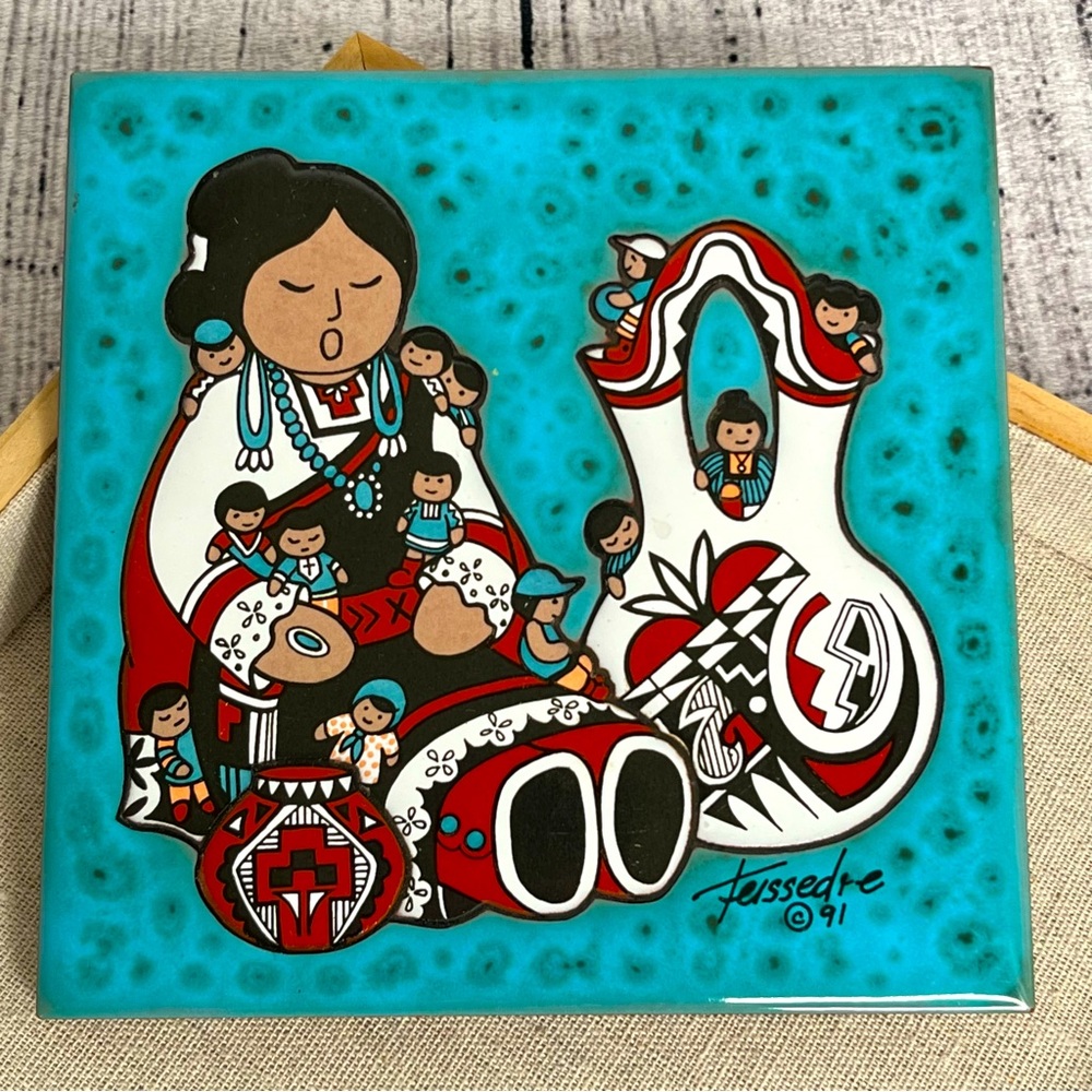 TEISSEDRE Hand Painted & Glazed Ceramic Tile, Kiln Fired, Story Teller, SW Art
